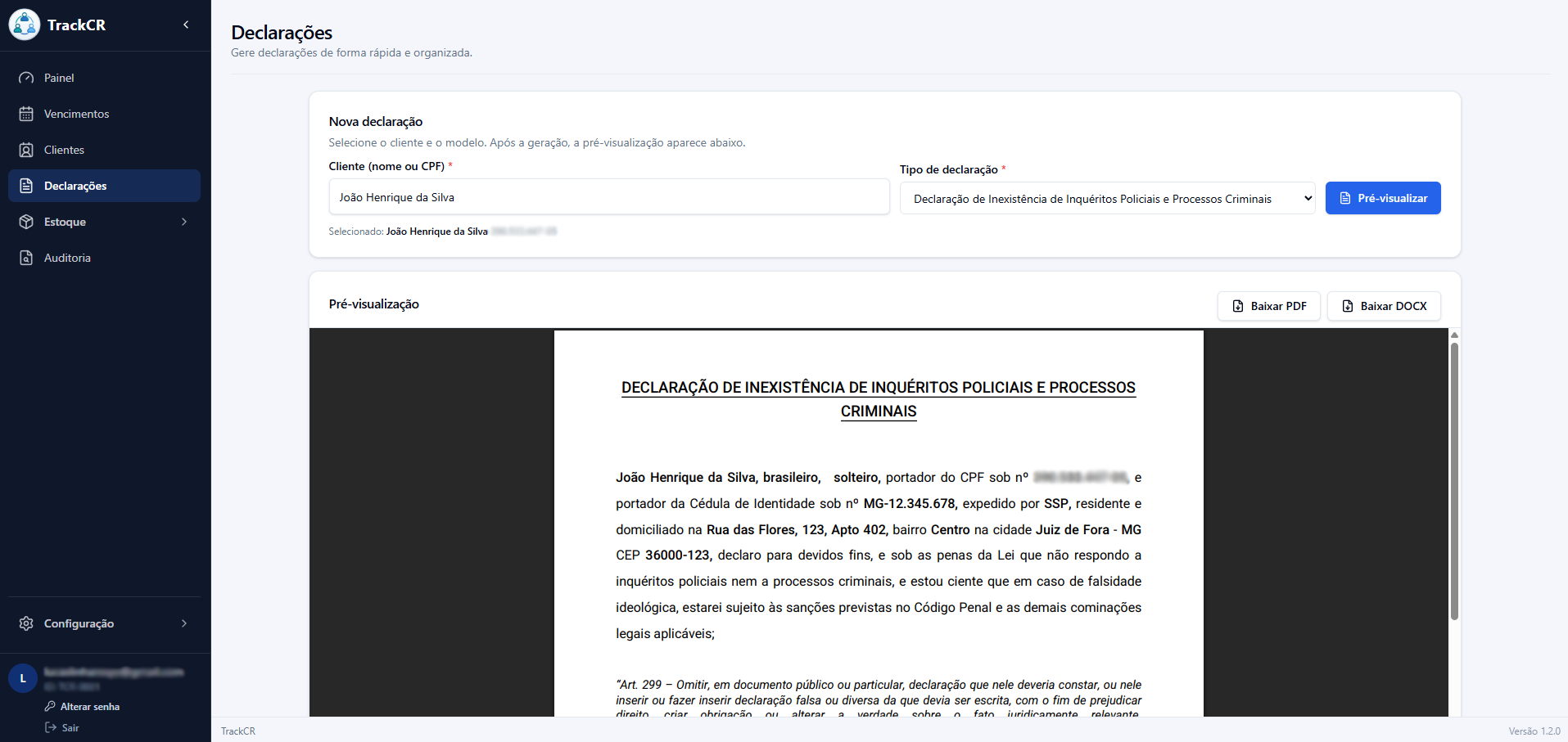 TrackCR — Declarações e pré-visualização de documentos