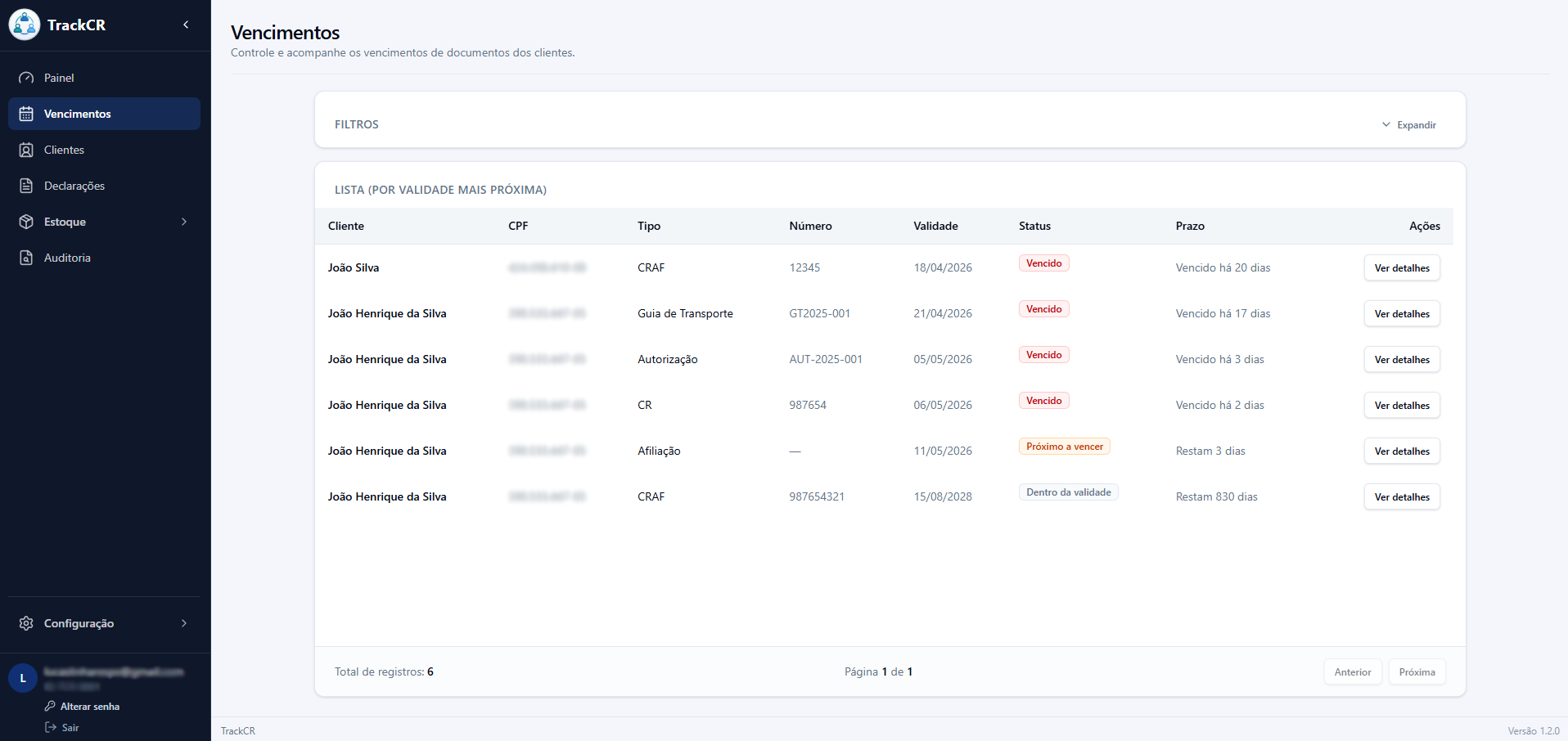 TrackCR — Lista de vencimentos por validade